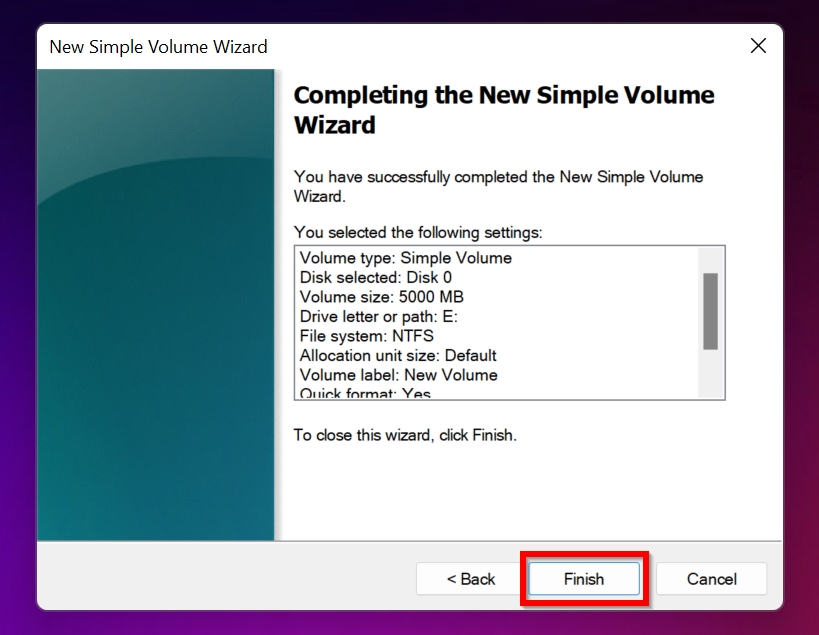 Finish screen in the simple volume wizard.