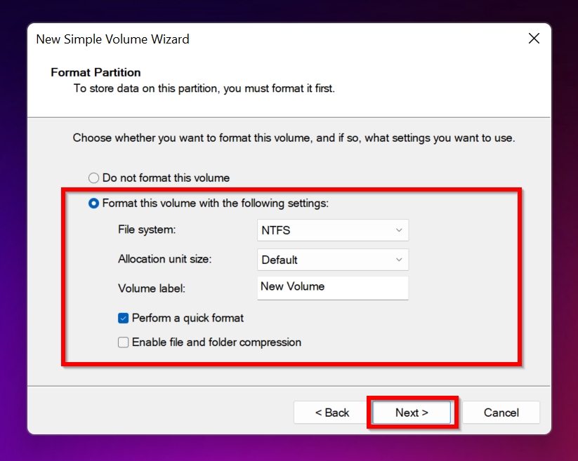 Format options in the simple volume wizard