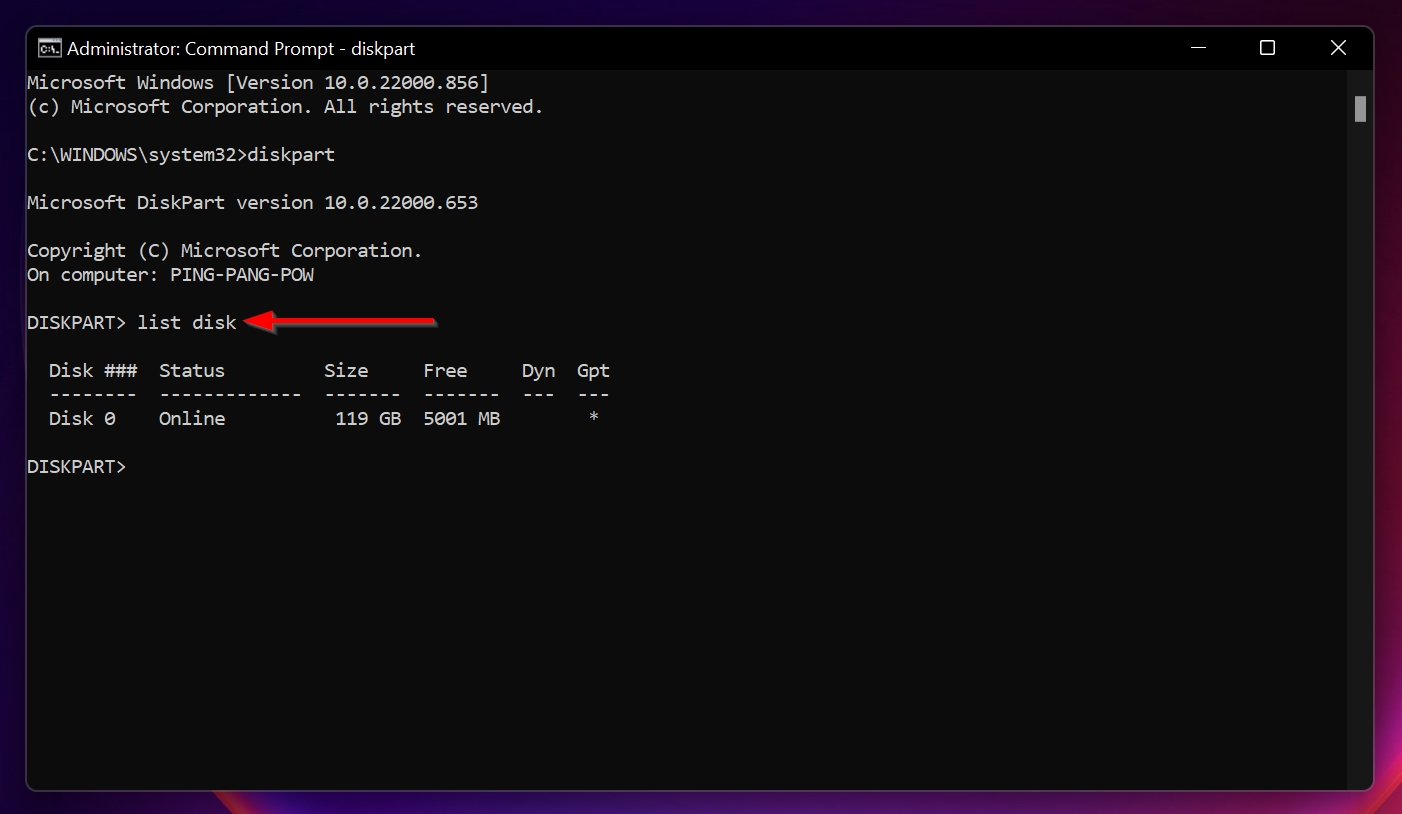 The list disk command in Command Prompt