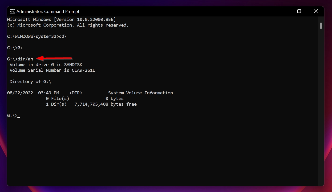 List hidden files command (dir/ah) in the Command Prompt console.