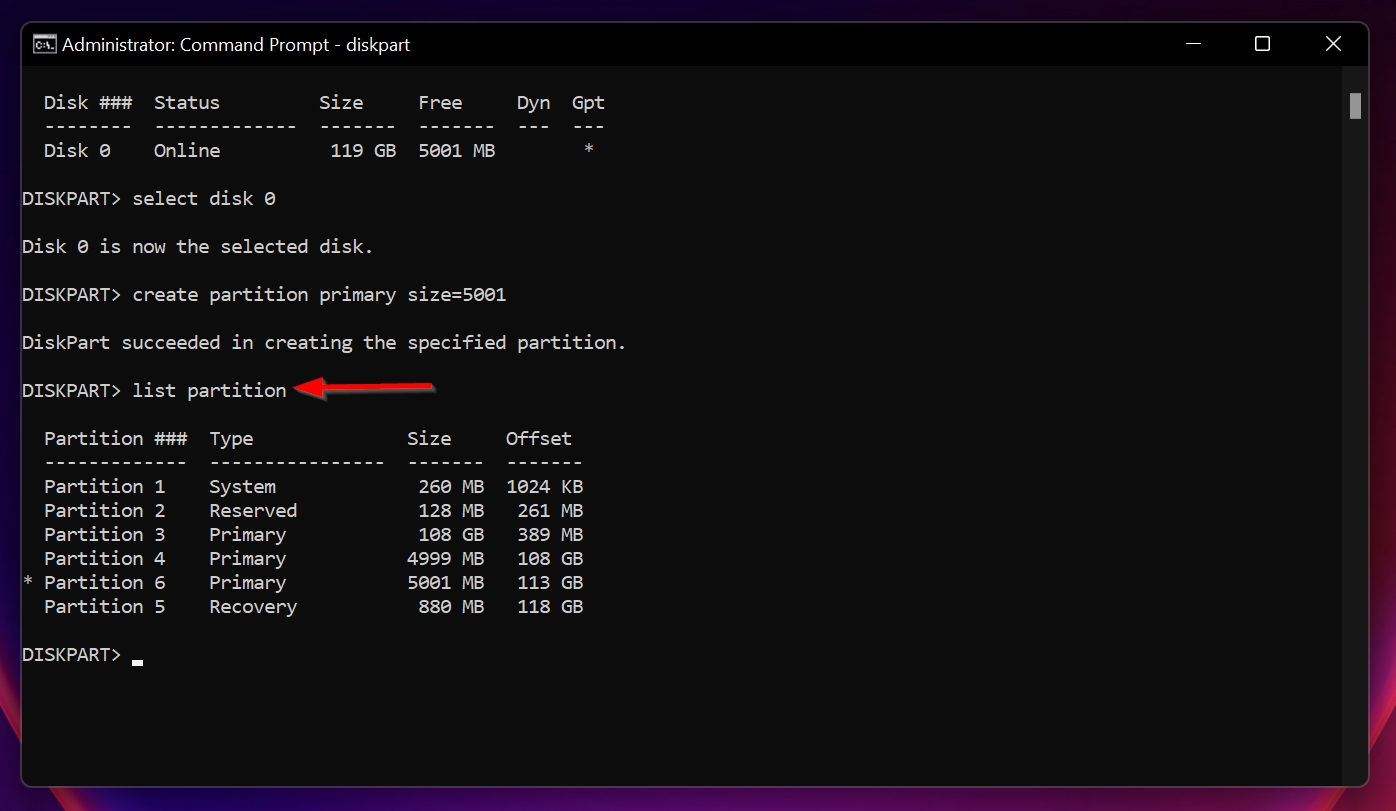 The list partition command in Command Prompt.