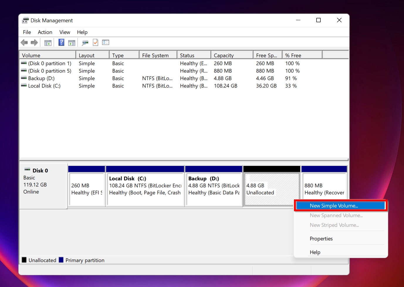 New simple volume option in Disk Management.