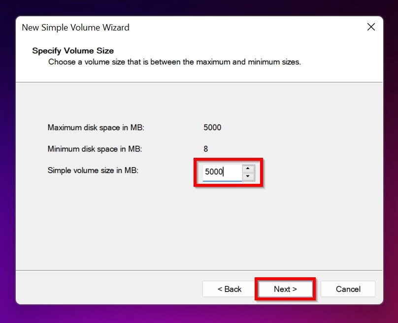Partition size option in the simple volume wizard.