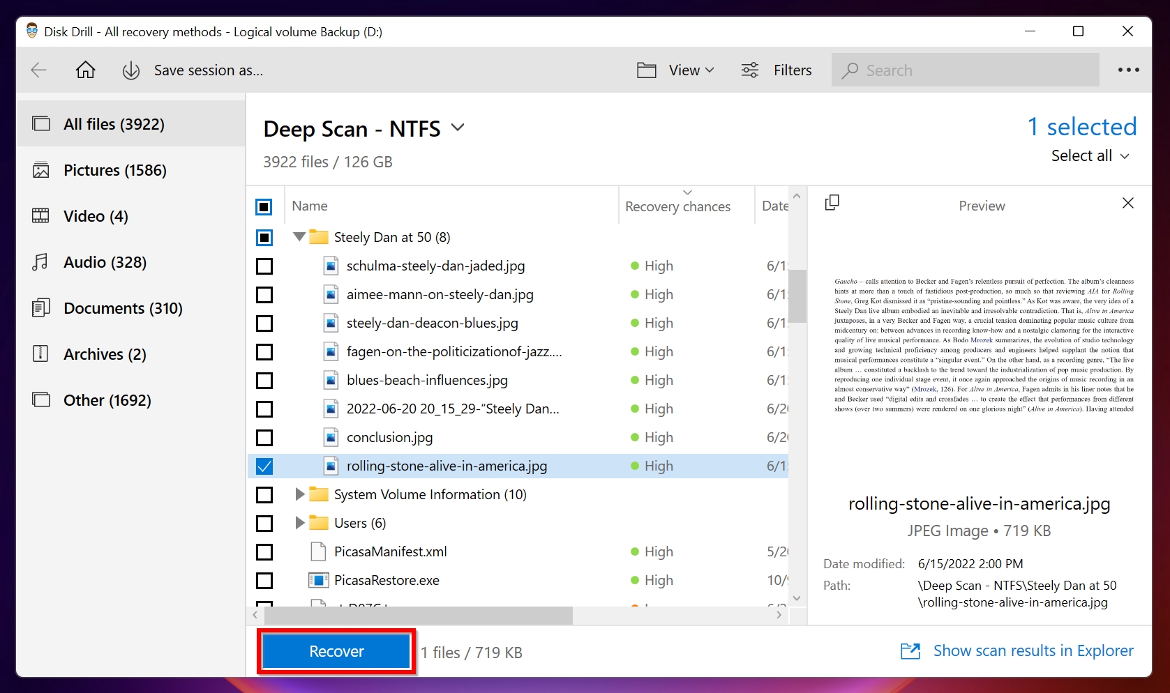 File recovery screen in Disk Drill.