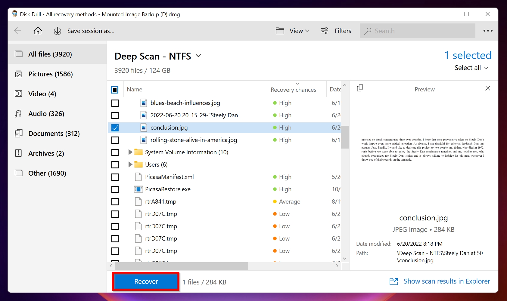 List of recoverable files in Disk Drill.