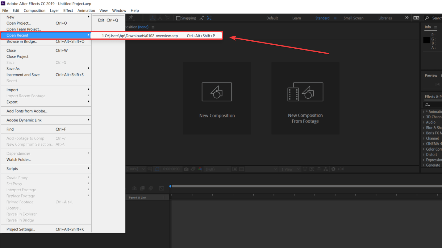 recovering recent files on after effects