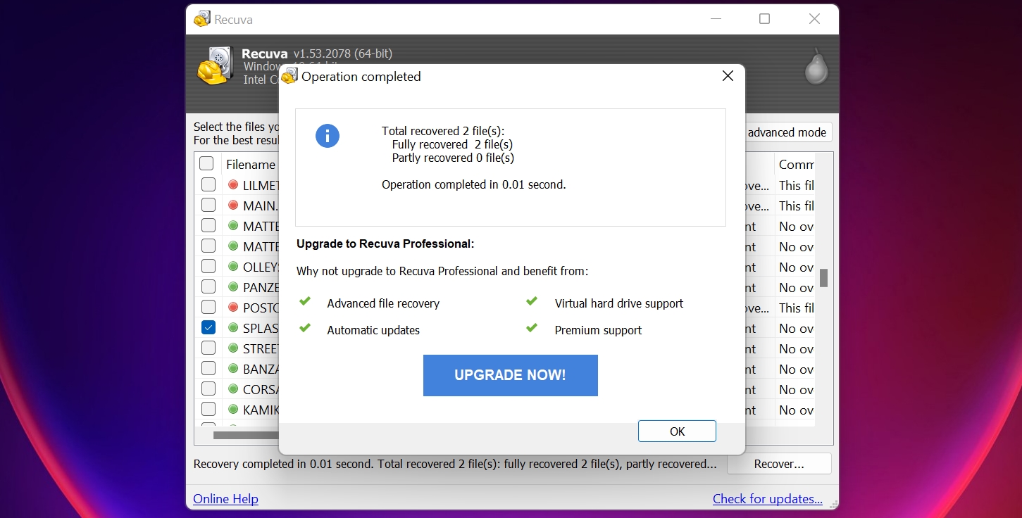 Recovery complete screen in Recuva.