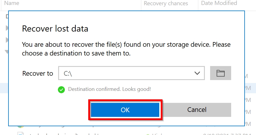 File recovery destination selection screen.