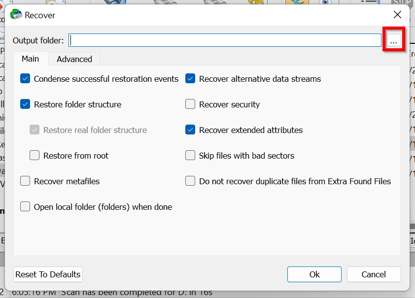 Recovery destination screen in R-Studio.