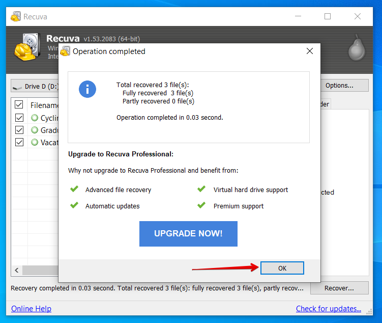 recuva click on ok to finish recovery