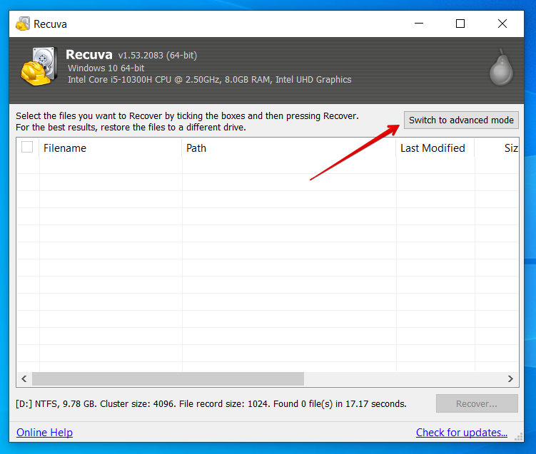 recuva switch to advanced mode