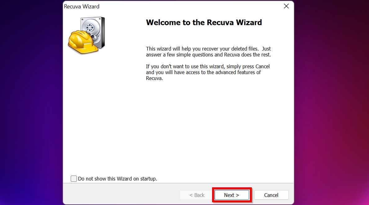 Recuva welcome screen.