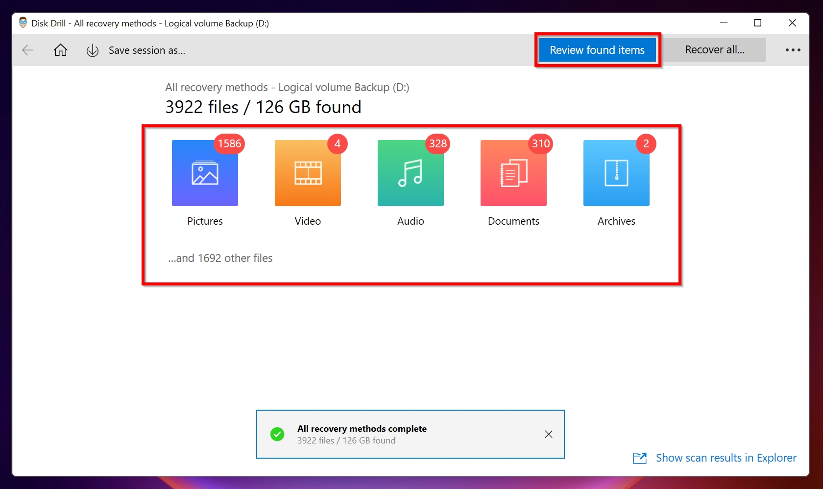 Review found items screen in Disk Drill.