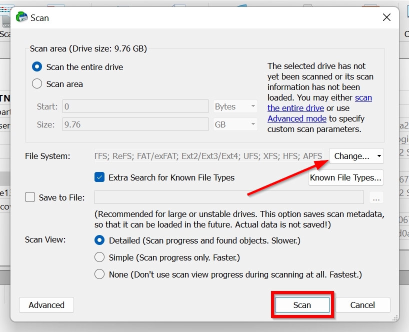 Scan options screen in R-Studio.