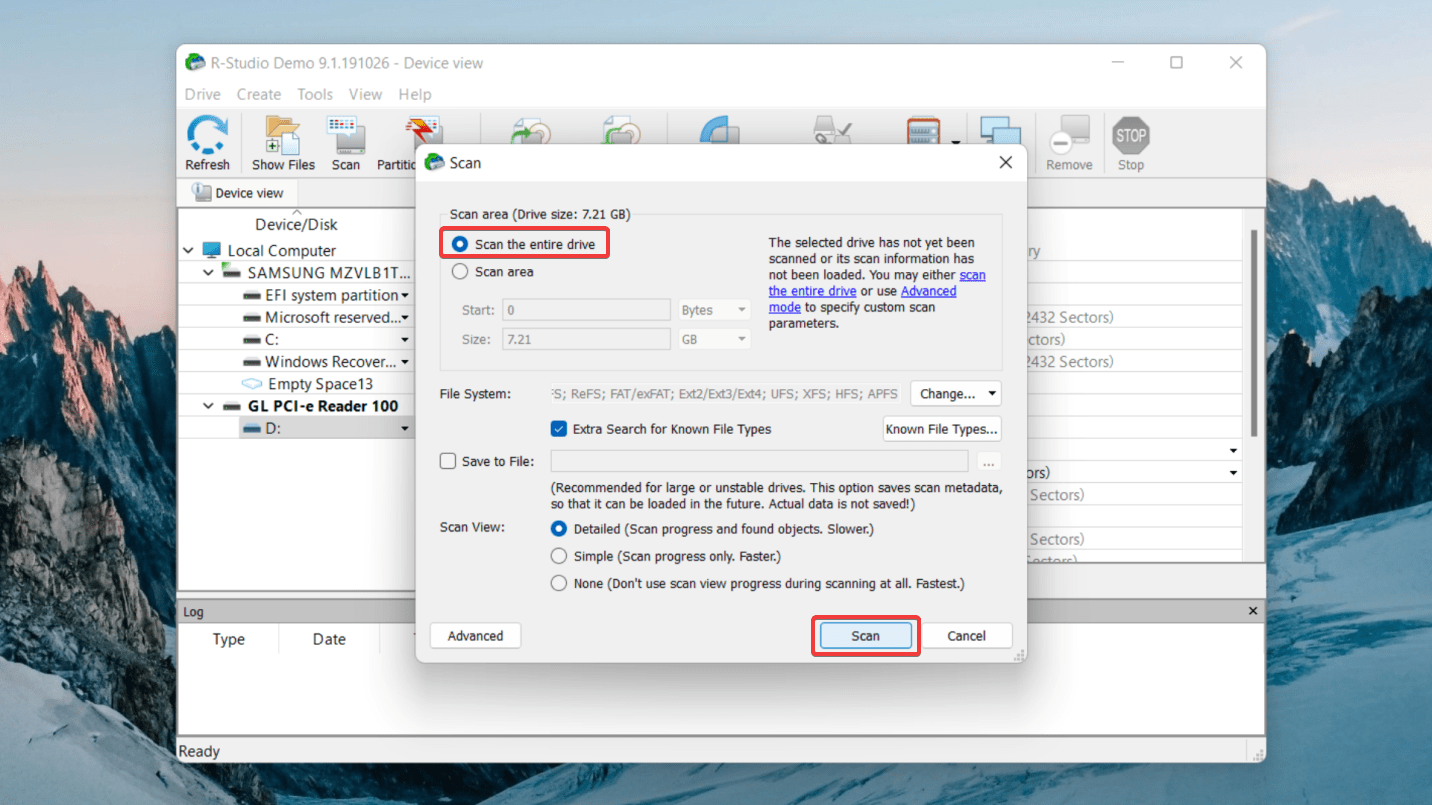 scanning partition in r studio