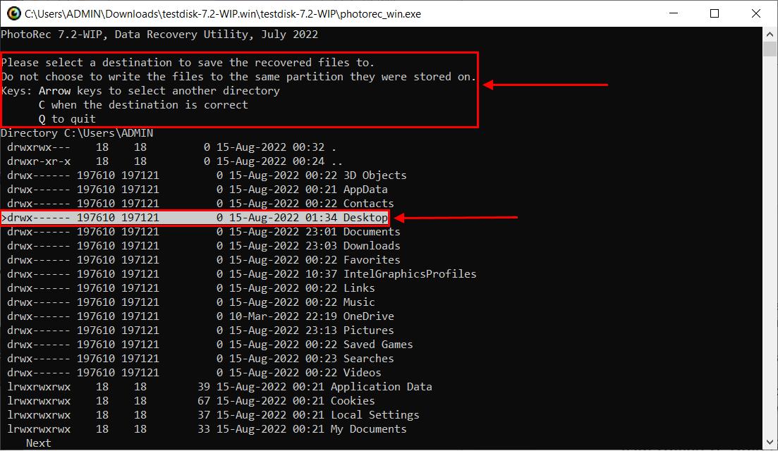 destination folder selection window in Photorec