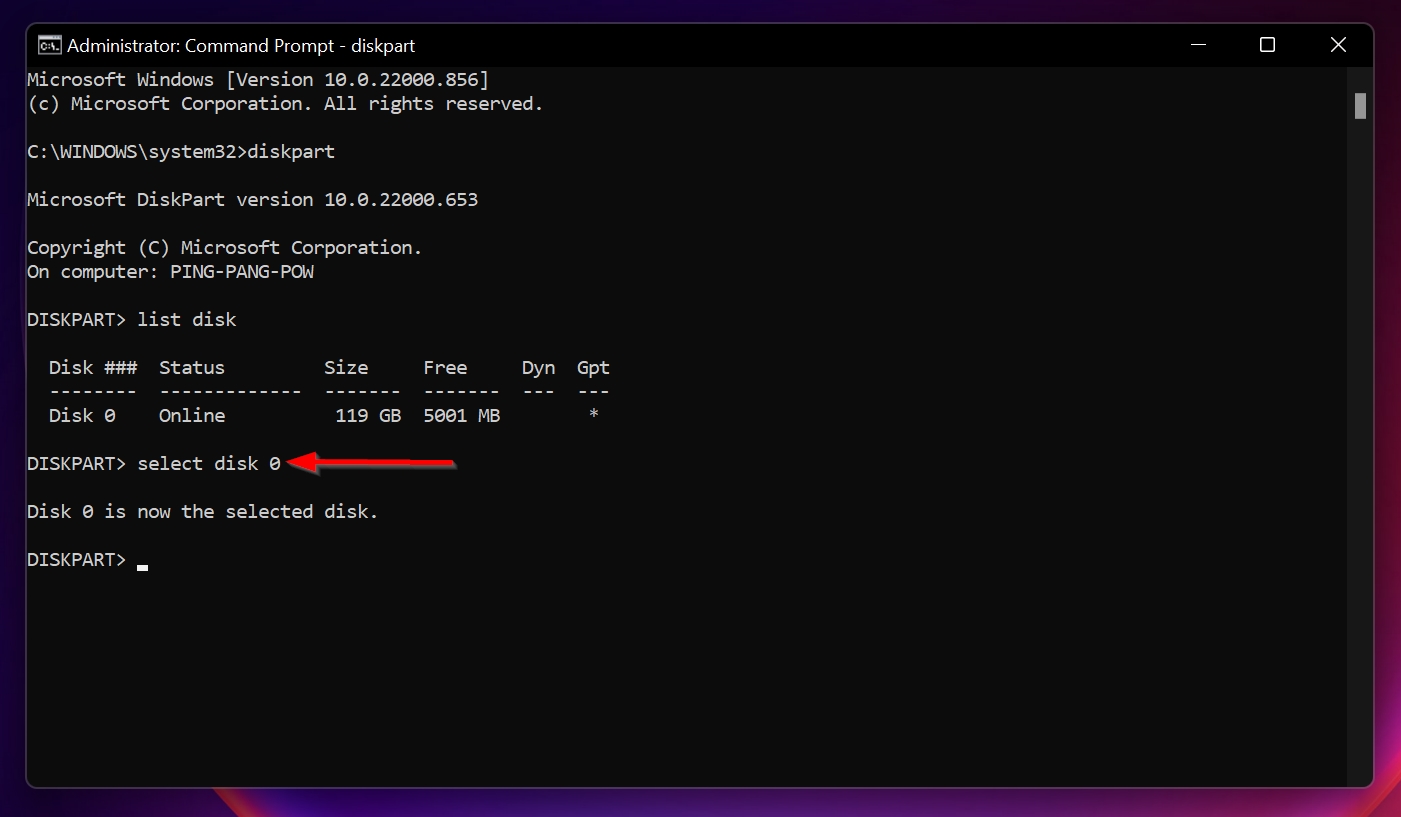 The select disk command in Command Prompt