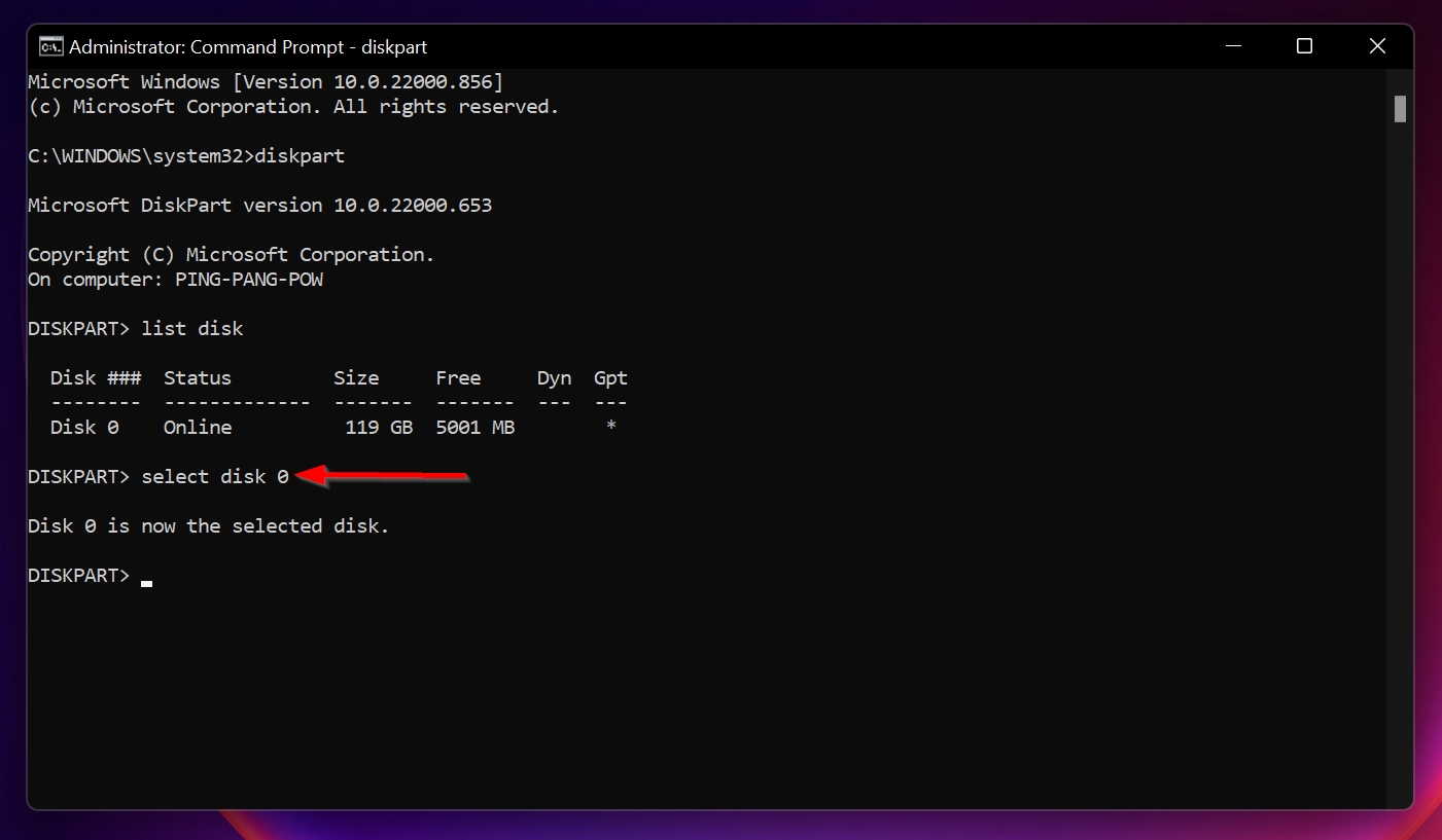 The select disk command in Command Prompt.