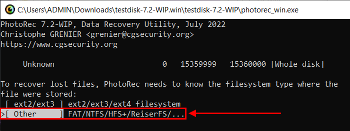 filesystem type selection window in Photorec