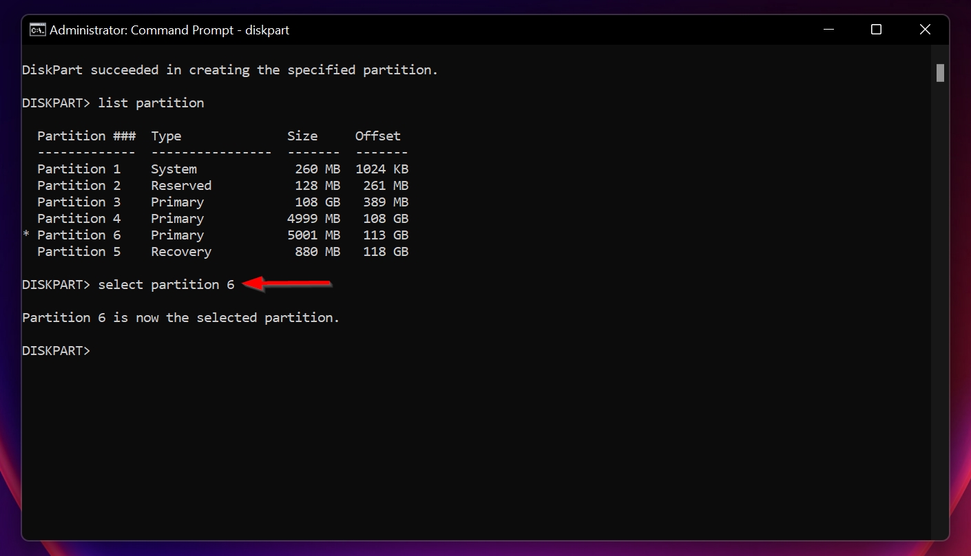 The select partition command in Command Prompt.