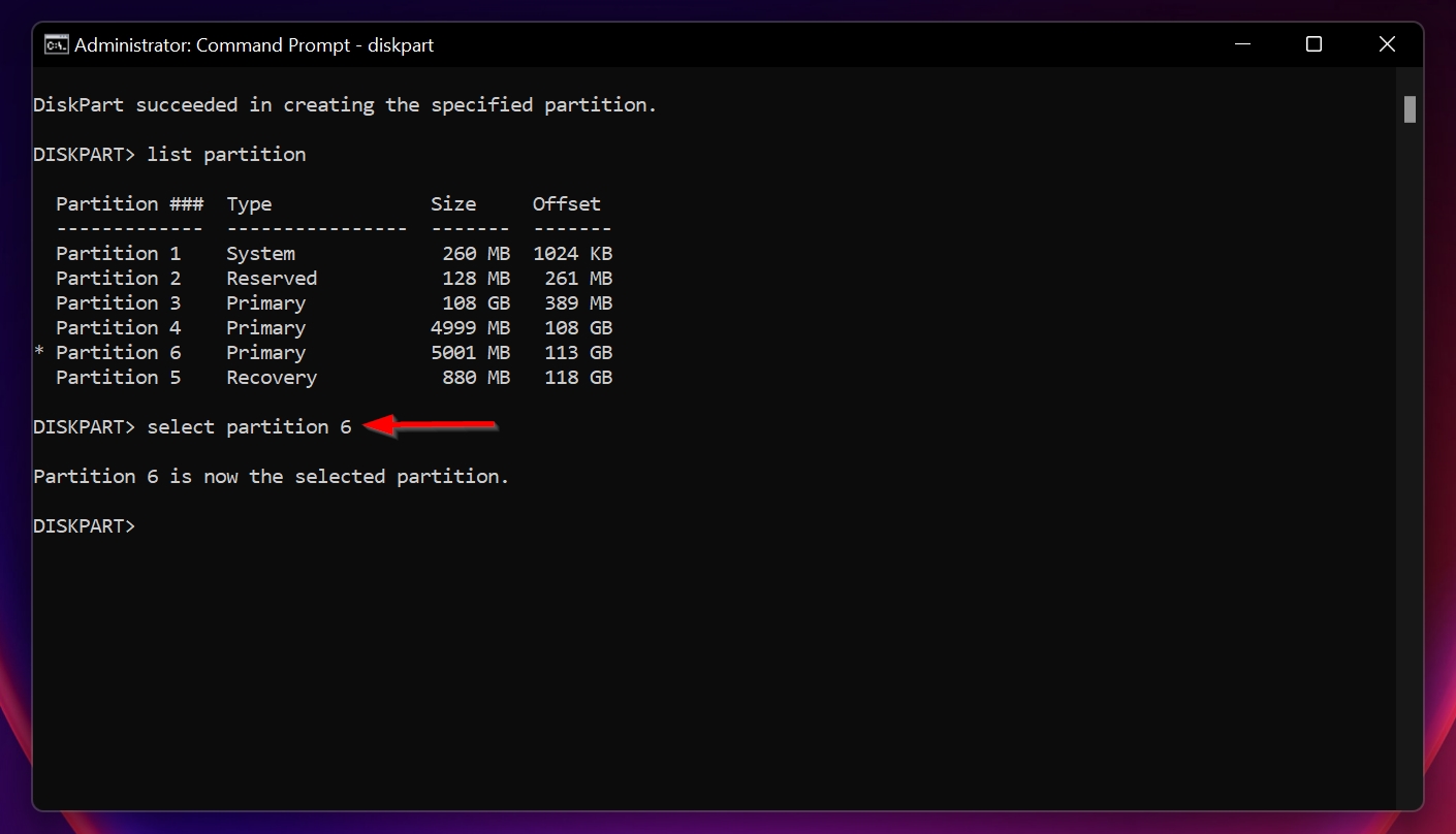 The select partition command in Command Prompt