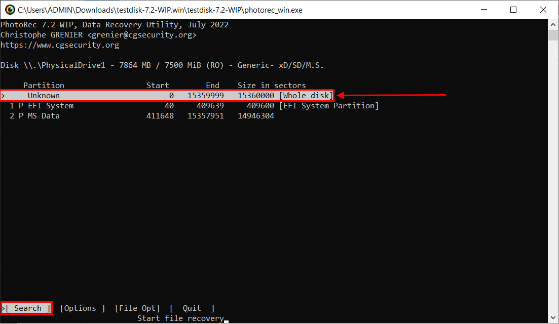 partition selection window in Photorec