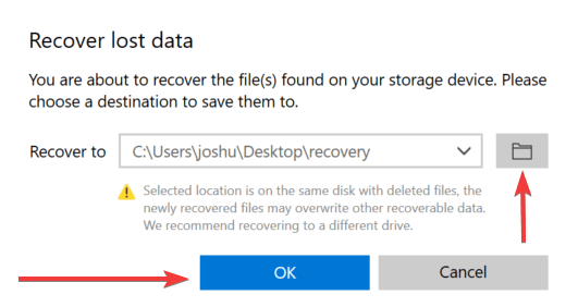 selecting destination for saving recovered files