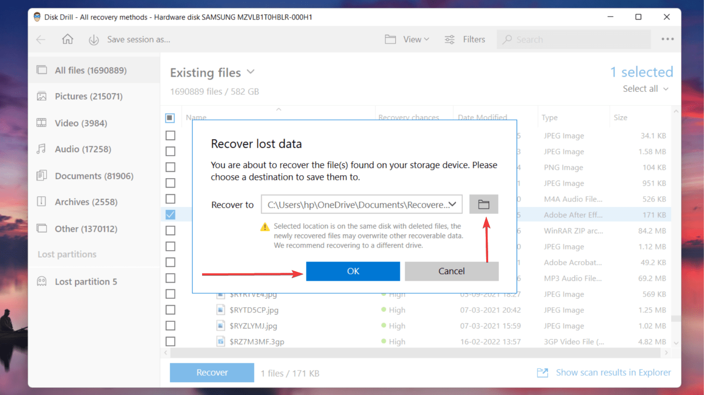 selecting destination for saving recovered files