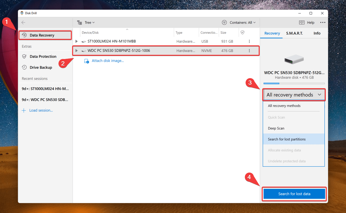 selecting drive on disk drill