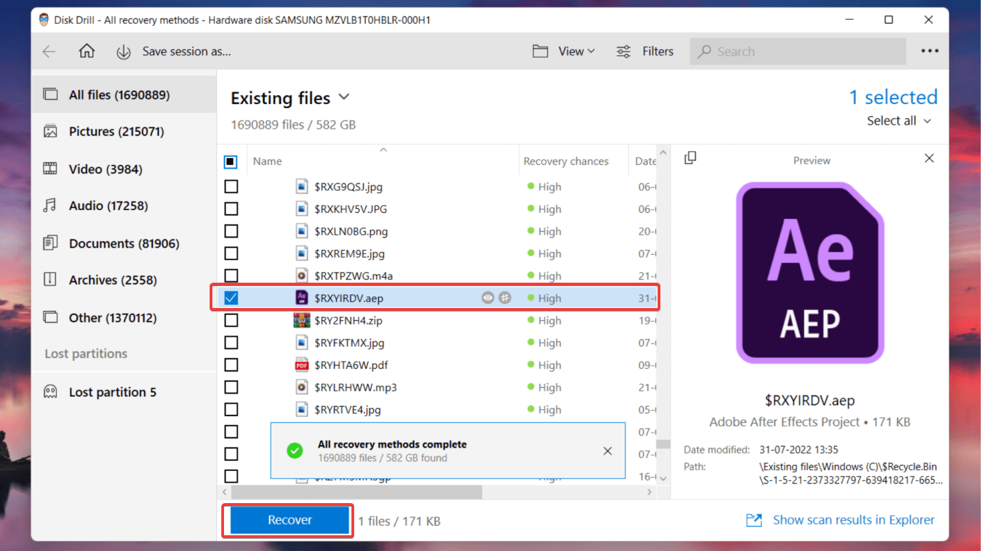 selecting files for recovery