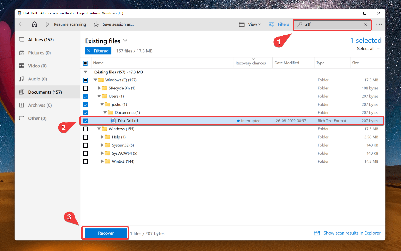 selecting files for recovery