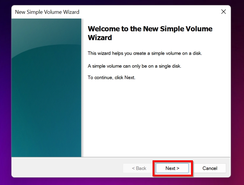 Create simple volume wizard welcome screen