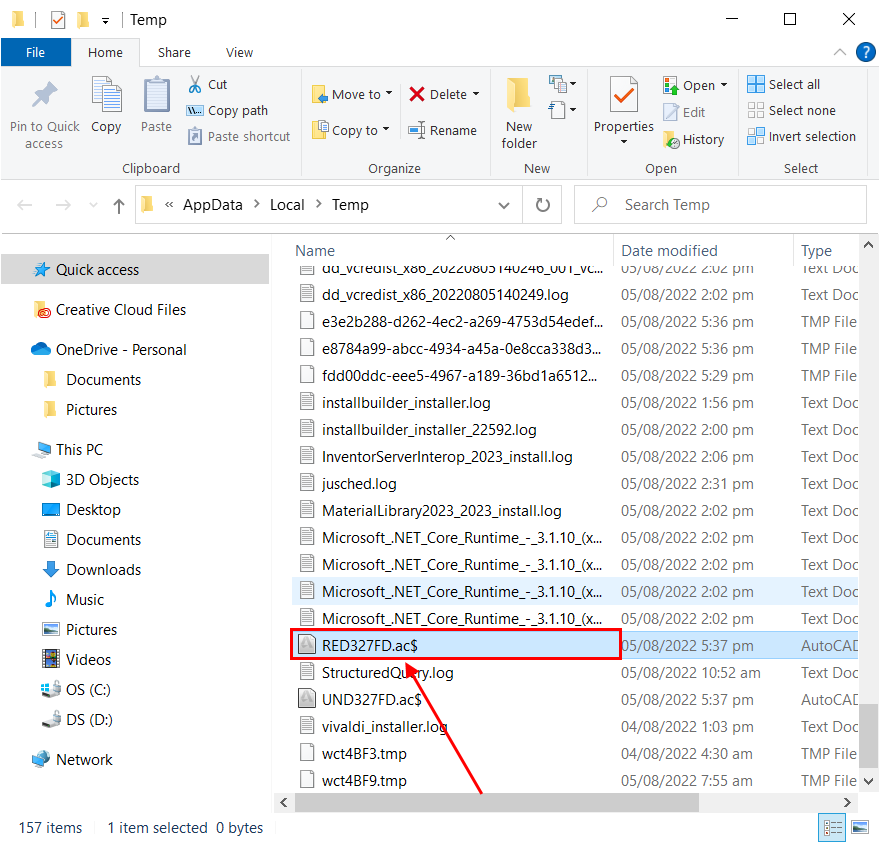 Autocad temporary file in File Explorer