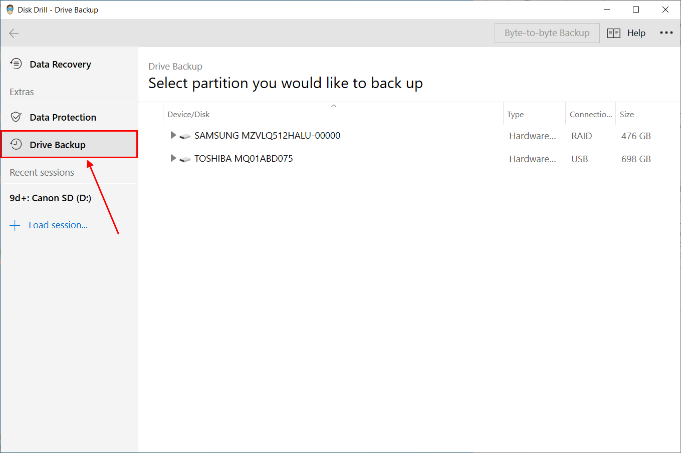 Disk Drill drive selection menu