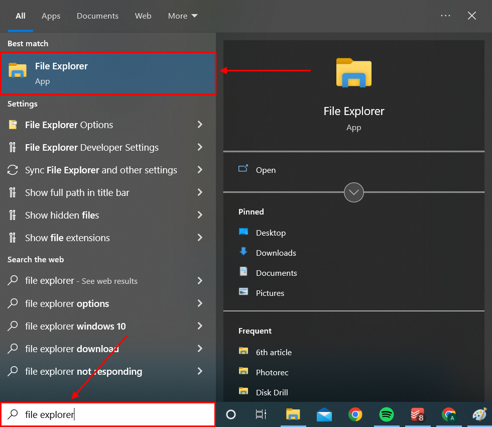 File Explorer in the Start menu