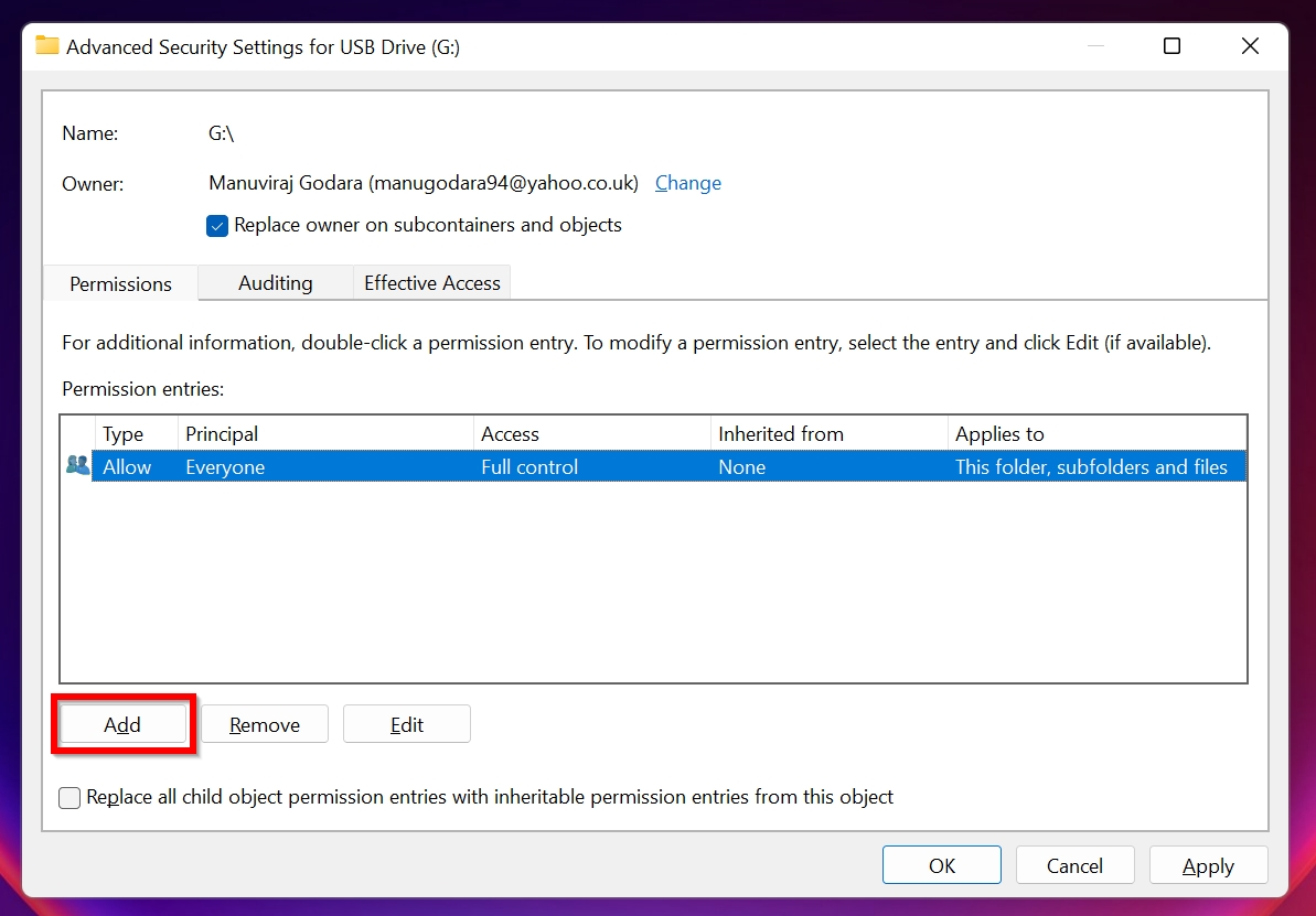 Advanced security settings window