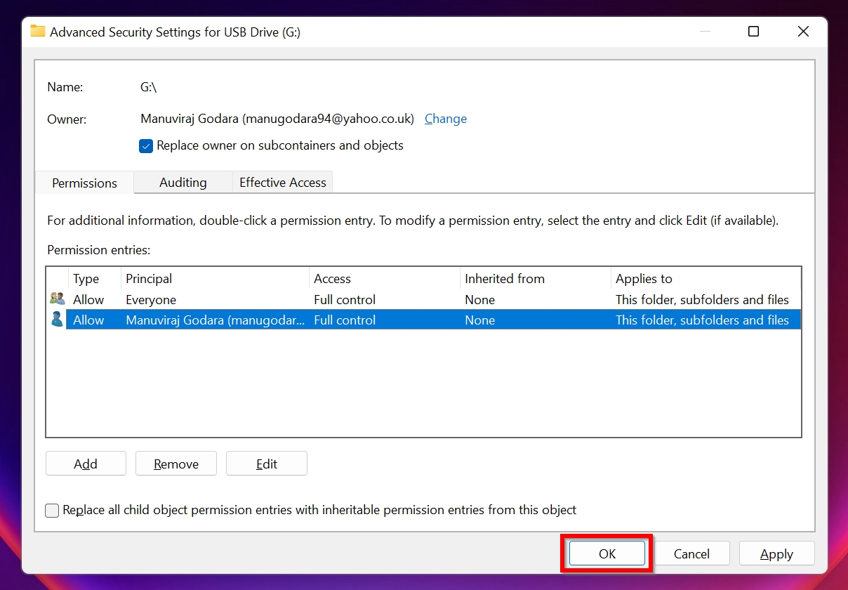 Advanced security settings window