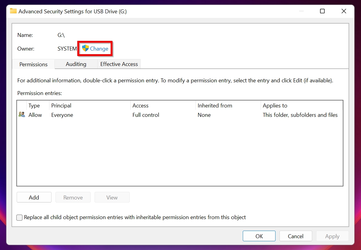 Change option in Advanced Security Settings