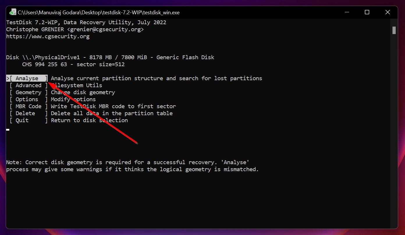 Analyze option in TestDisk