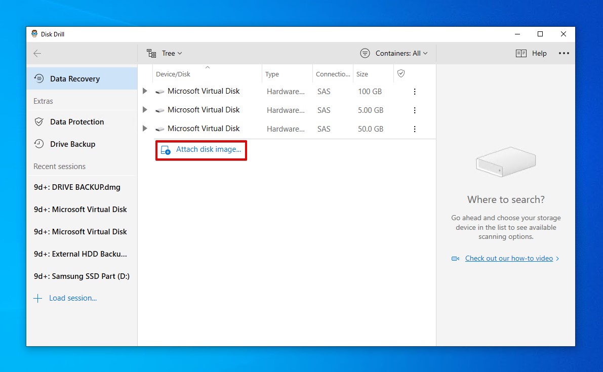 Attaching the disk image for scanning.