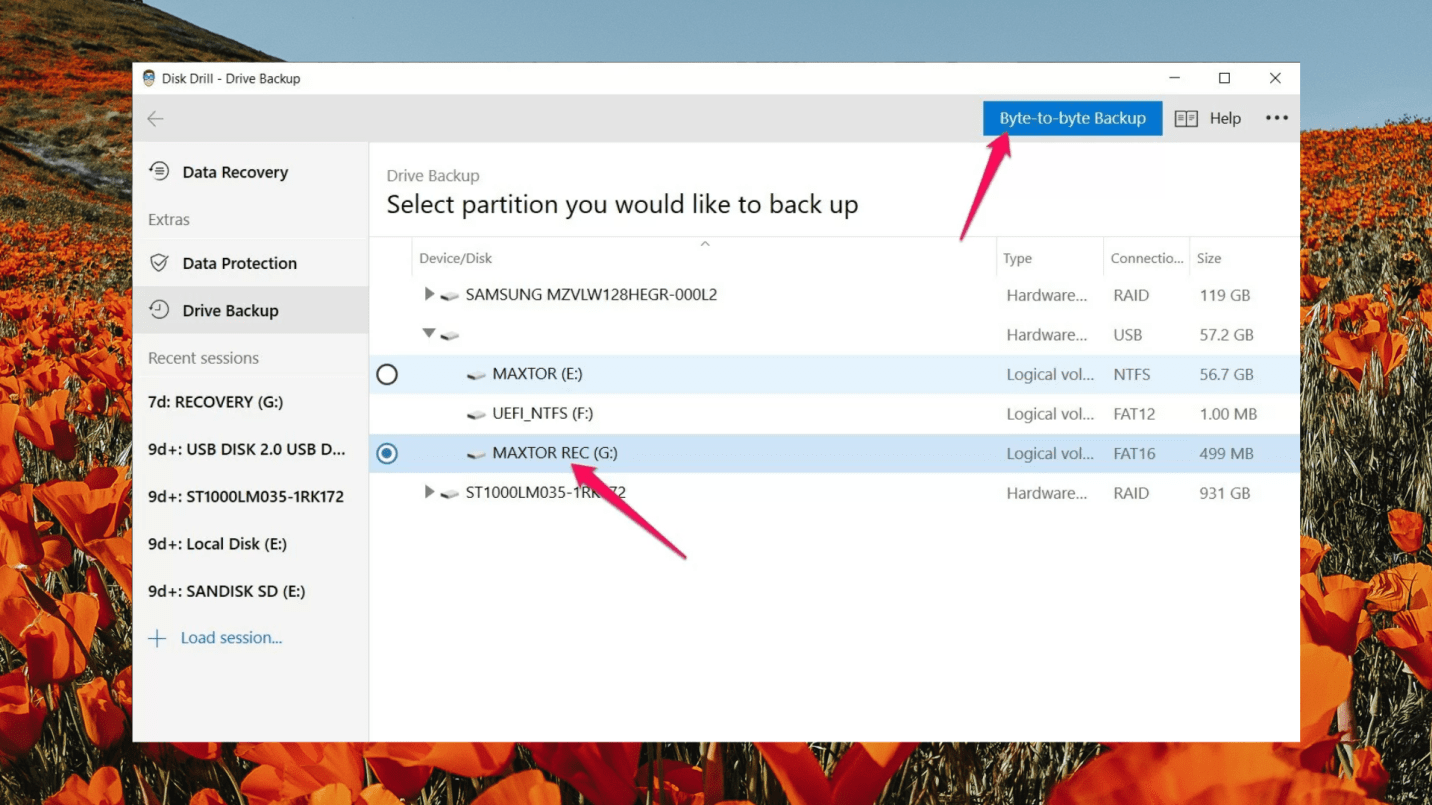 byte to byte backup on disk drill