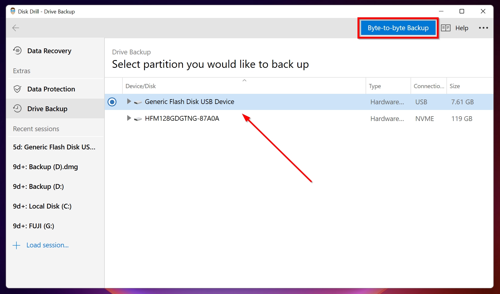 Byte-to-byte backup screen in Disk Drill.