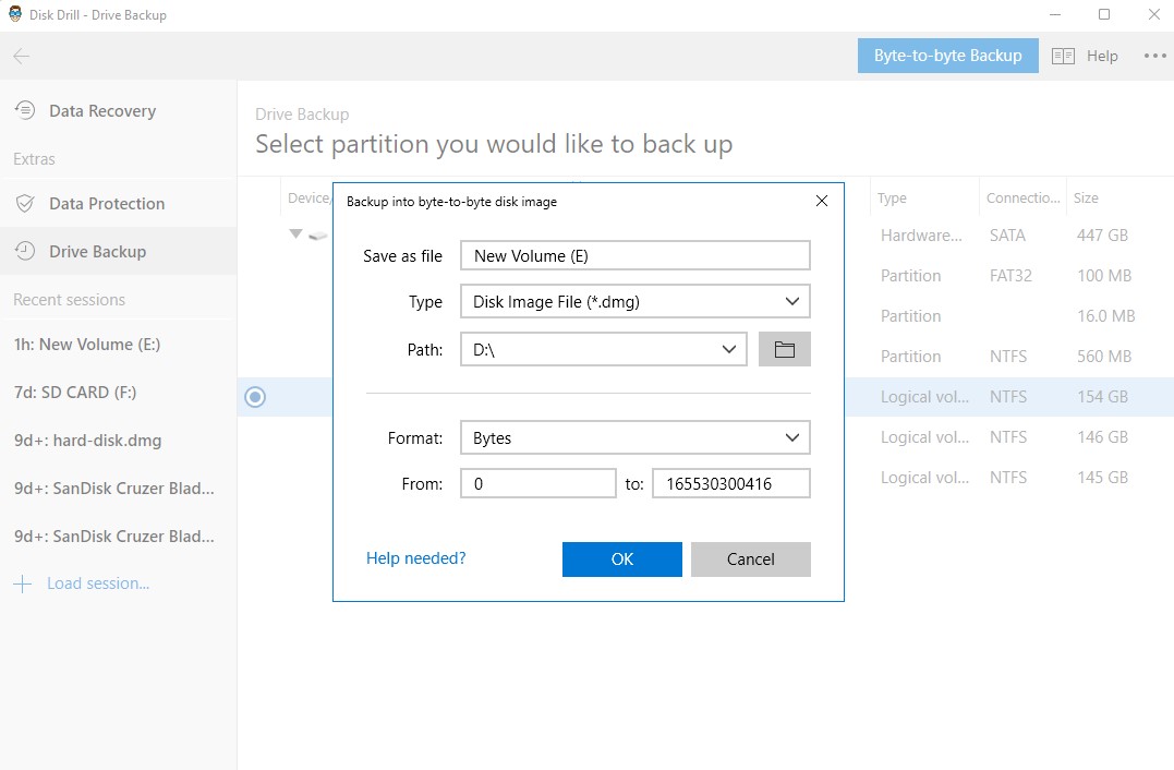 using byte to byte backup on disk drill