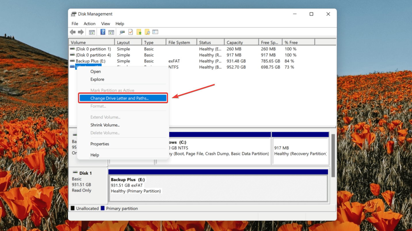 changing drive letter on disk management