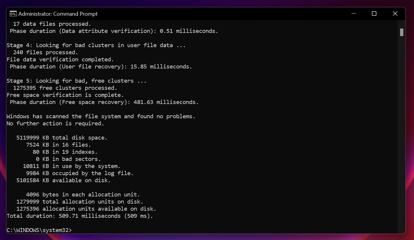 CHKDSK command complete Command Prompt.