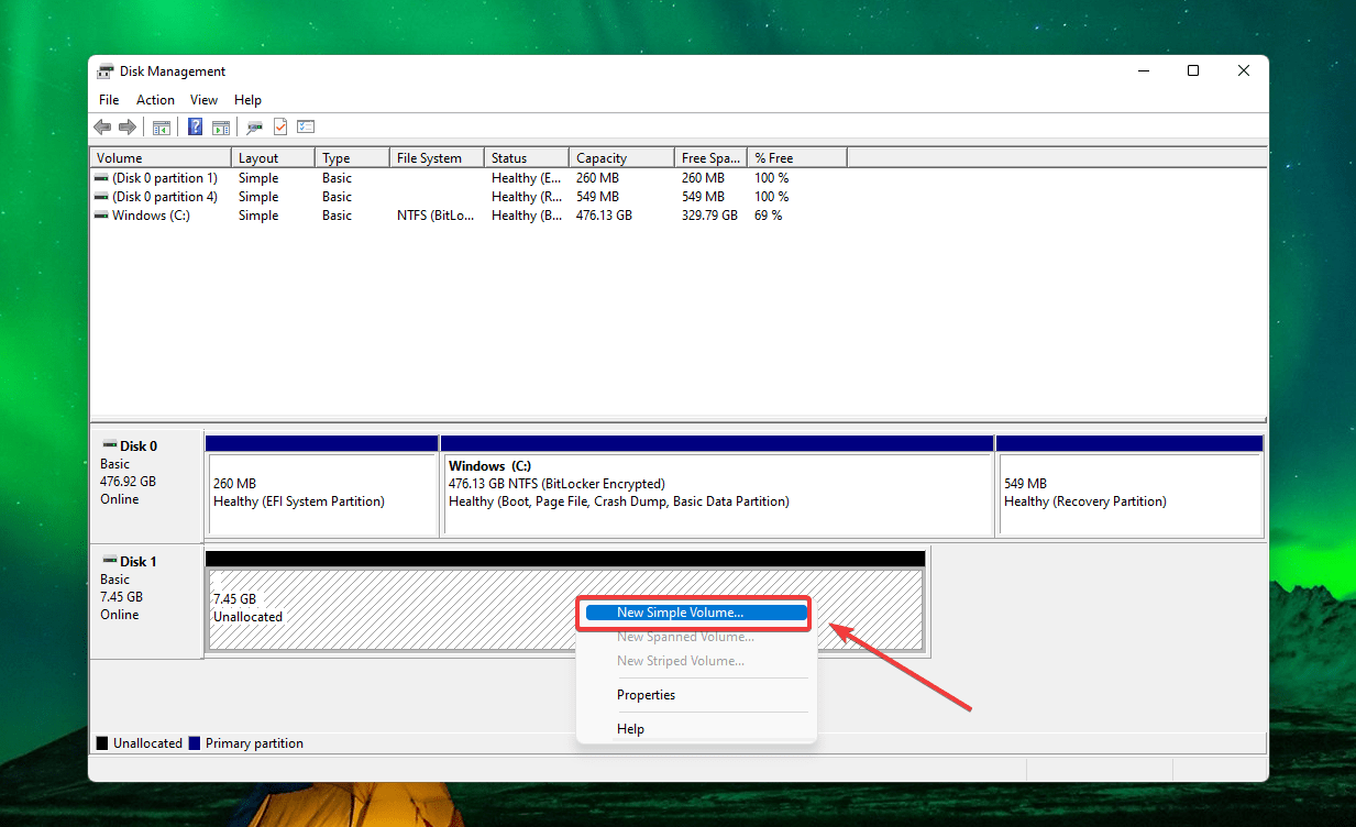 creating new volume on disk management