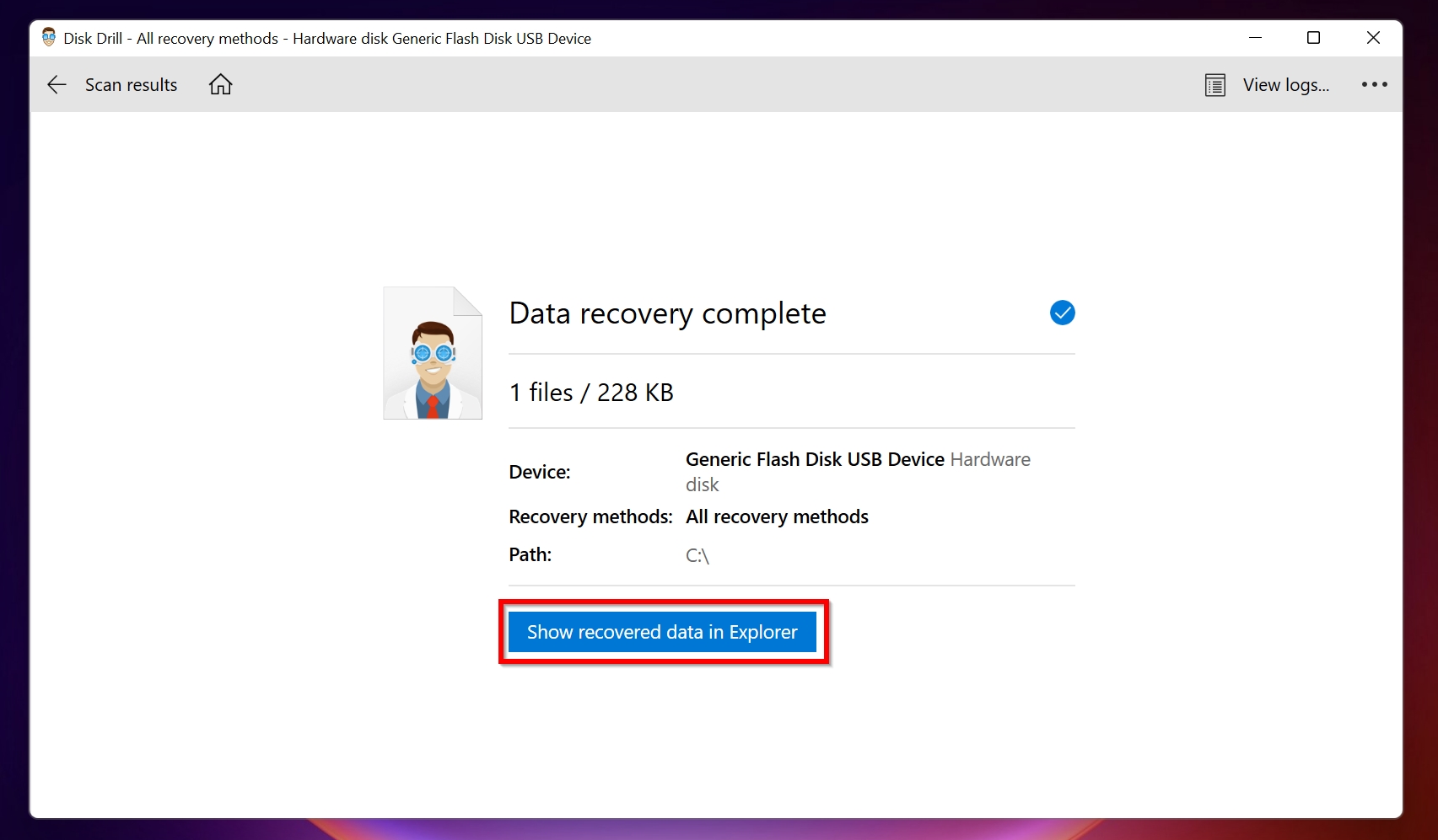 Data recovery complete screen in Disk Drill.