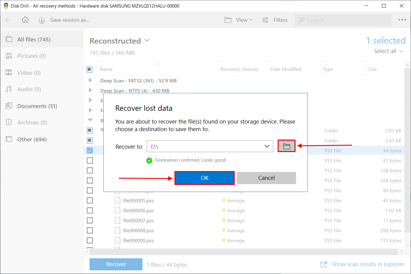 destination folder selection dialog in Disk Drill