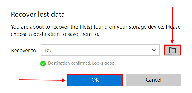 Destination folder selection dialogue in Disk Drill