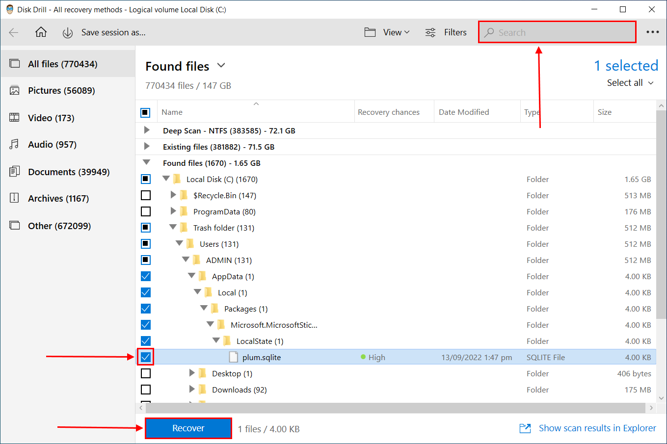 Recoverable file selection window in Disk Drill